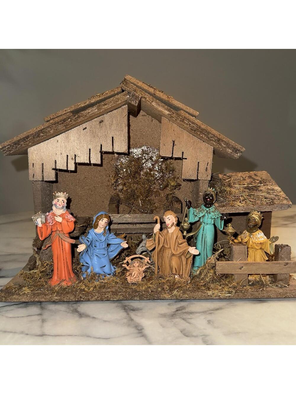 Vintage Complete Set Nativity Stable Mary Joseph Jesus 3 Wise Men Italy 10x13"